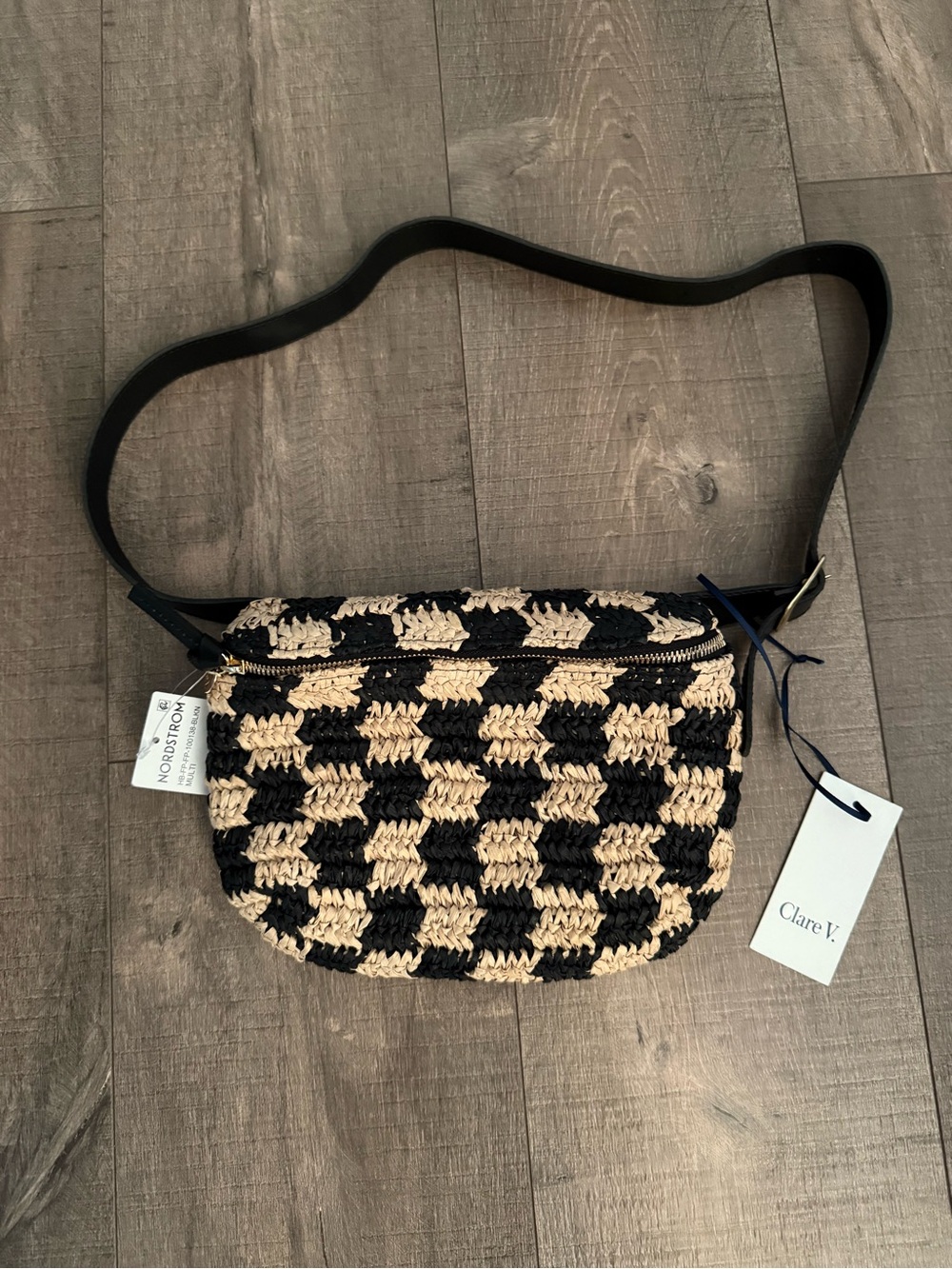 Clare V. Checkerboard Woven Raffia Belt Bag